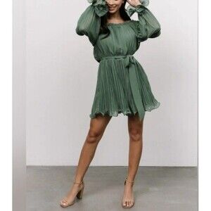 Baltic Born Aubrey Off the Shoulder Pleated Mini Dress green Sz XXL Boho Ruffle
